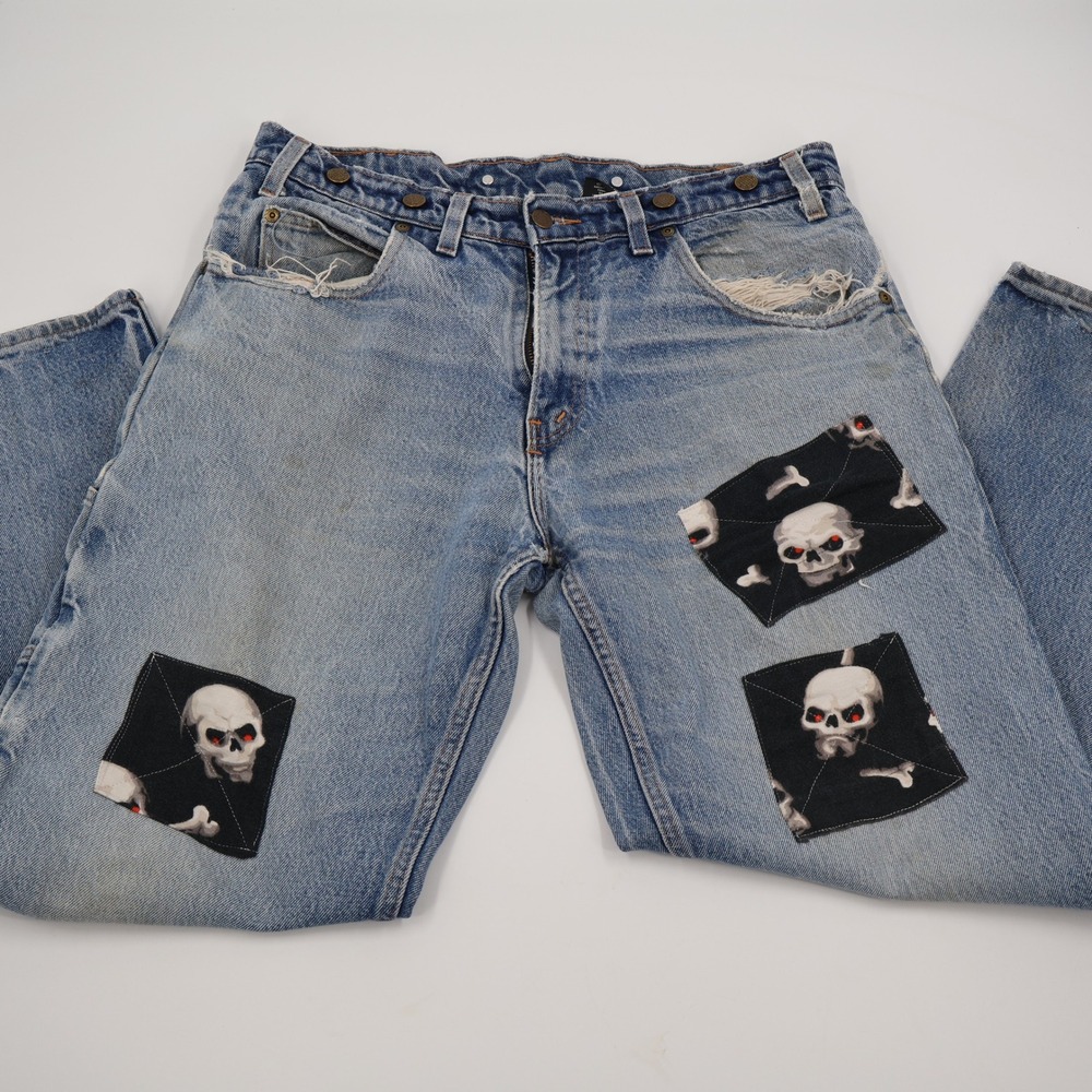 Prison Blues Custom Skull Patch Jeans Mens 36x32 Blue Distressed Grunge Punk USA